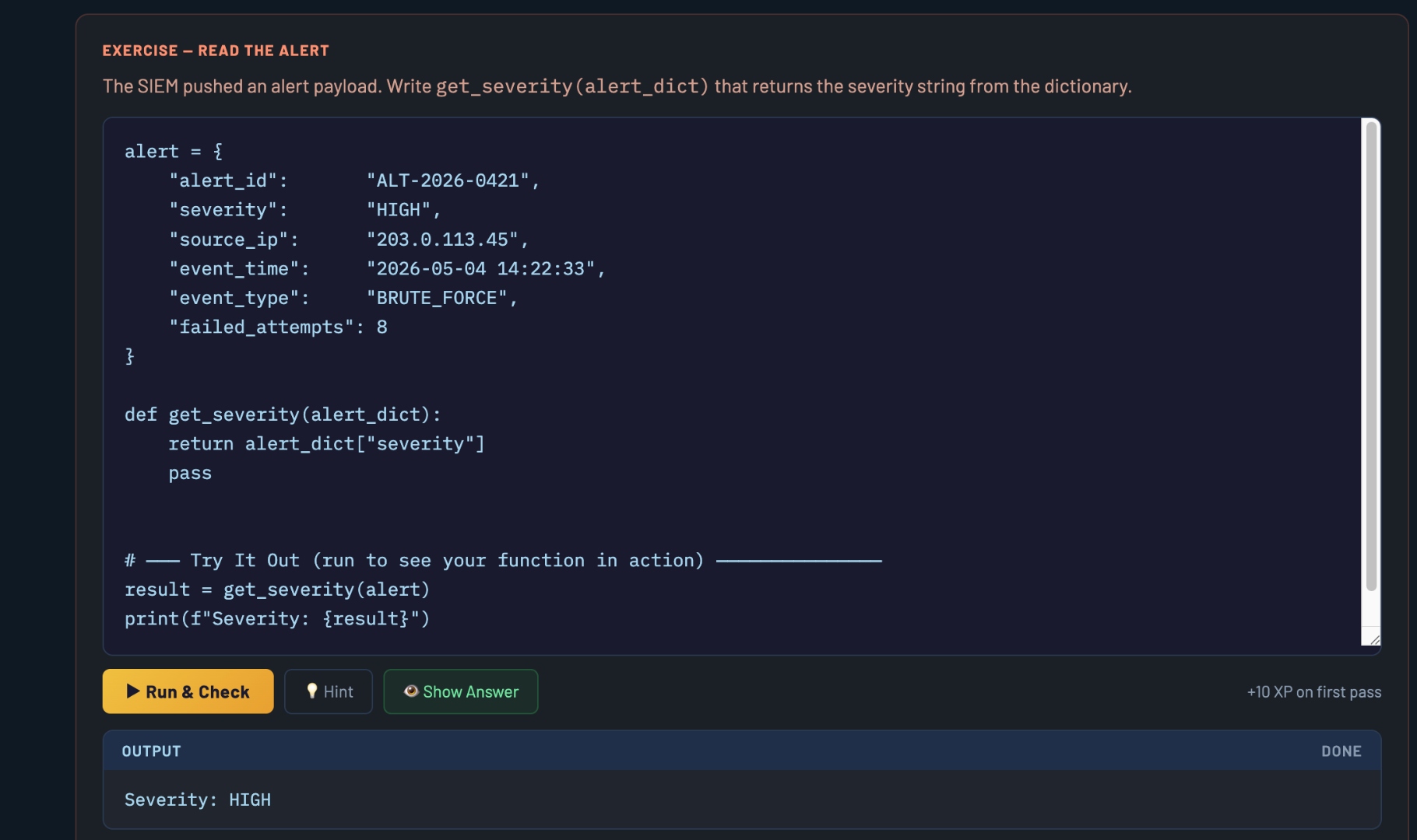 Live Python code editor showing a SIEM alert parsing exercise with real alert payload and Run & Check button