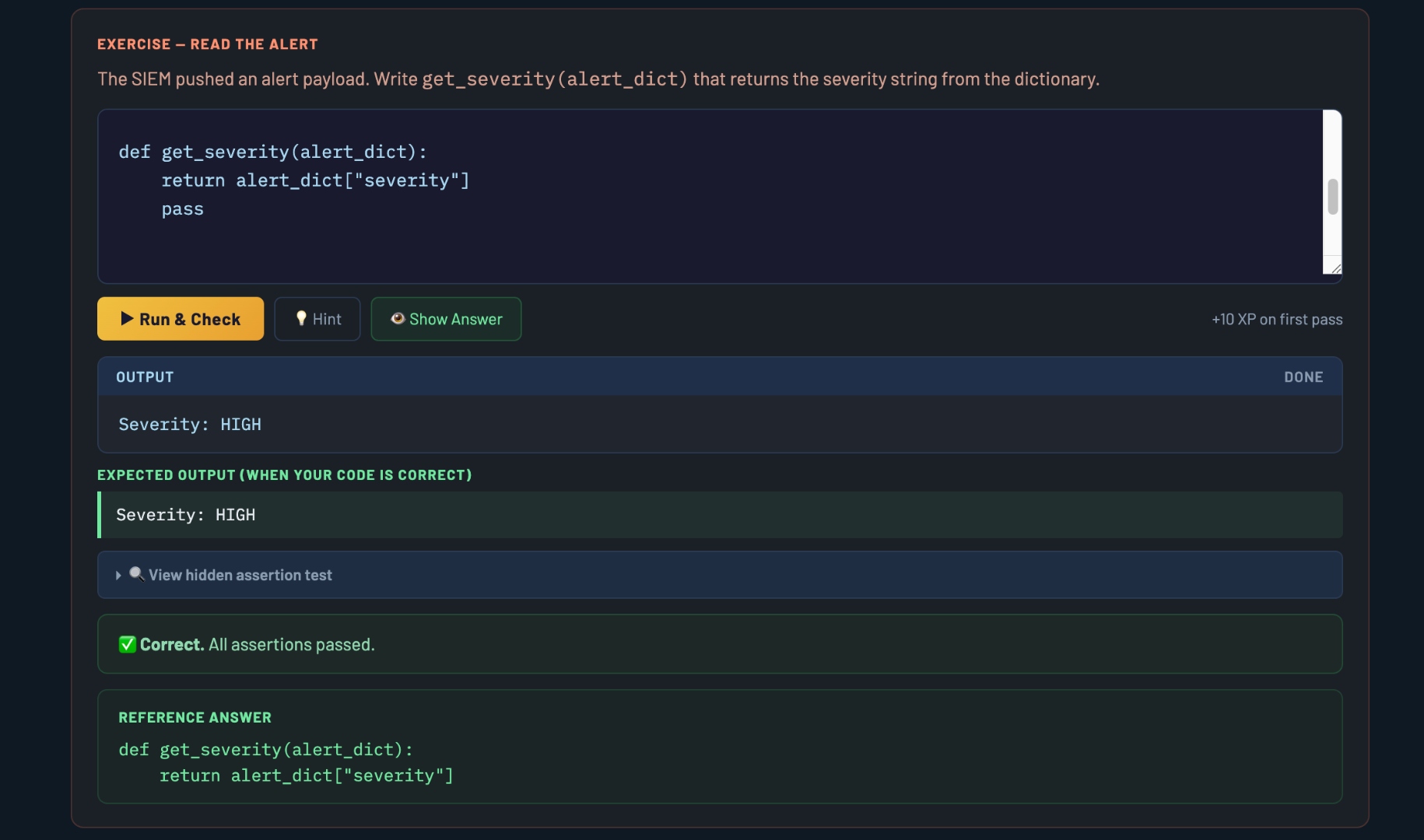 Python exercise with live Pyodide execution and correct result feedback