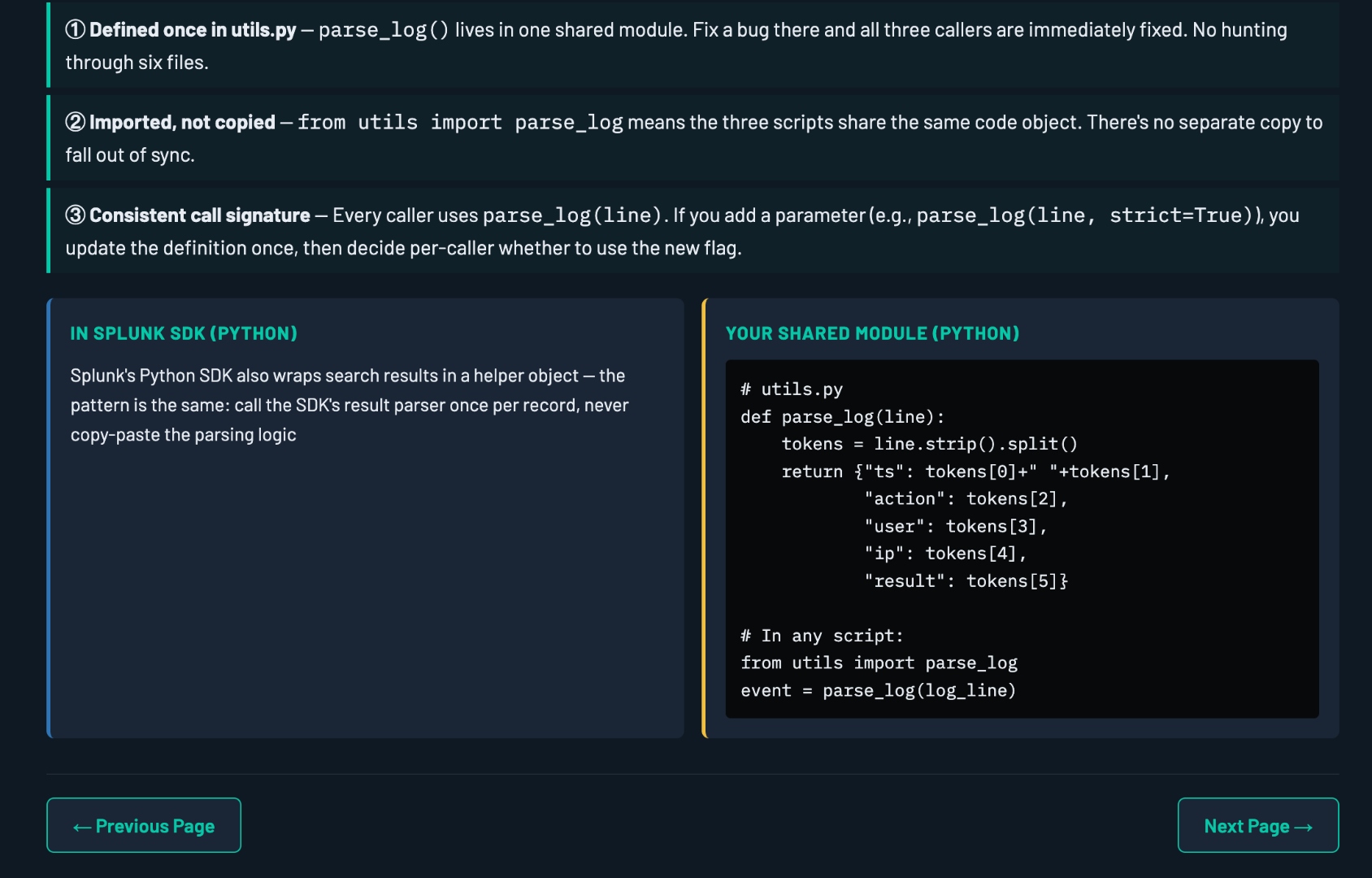 Lesson showing real-world Splunk SDK context alongside a shared utils.py module pattern for security log parsing