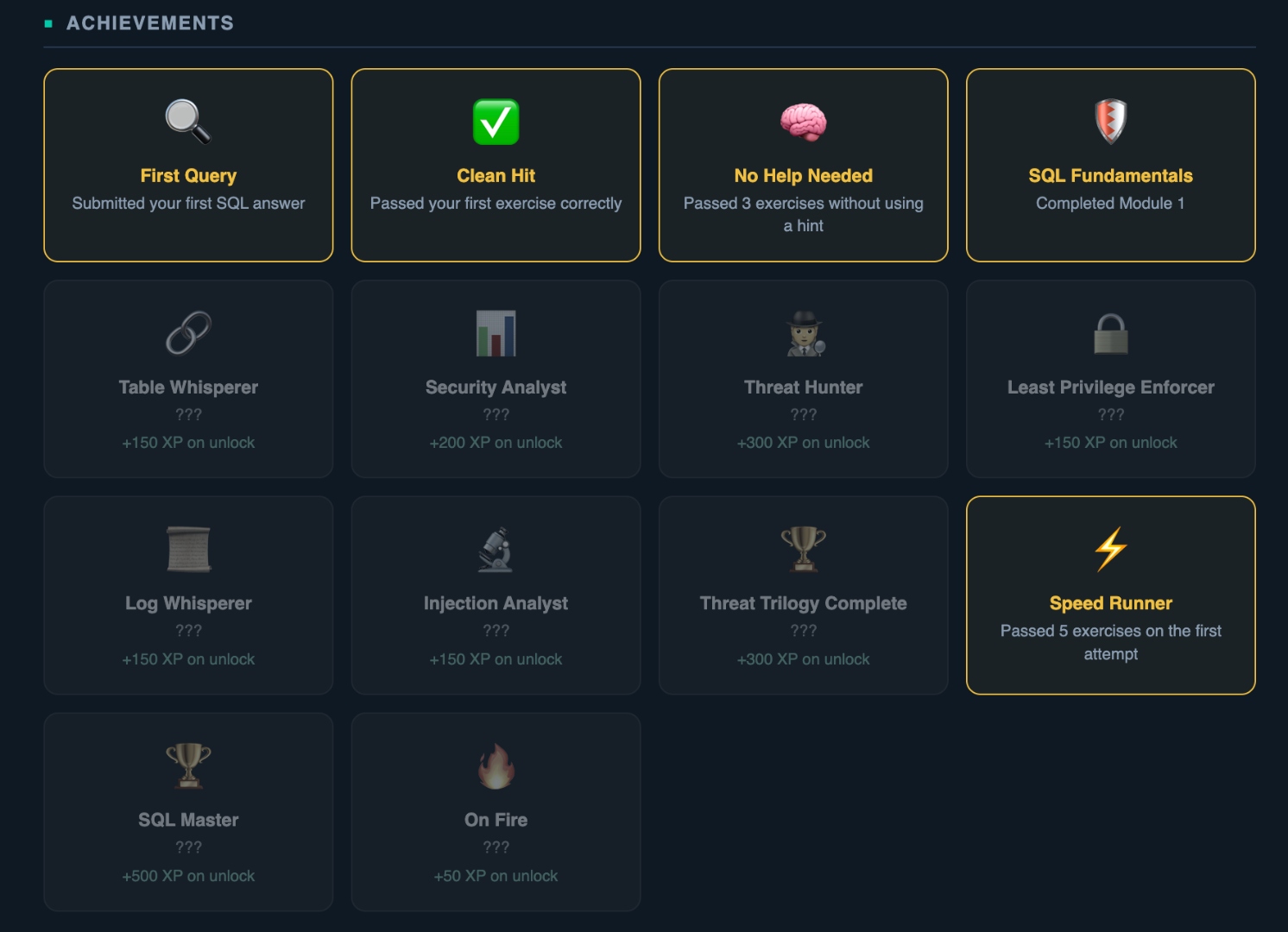 SQL achievements grid showing earned badges like First Query, Clean Hit, and SQL Master